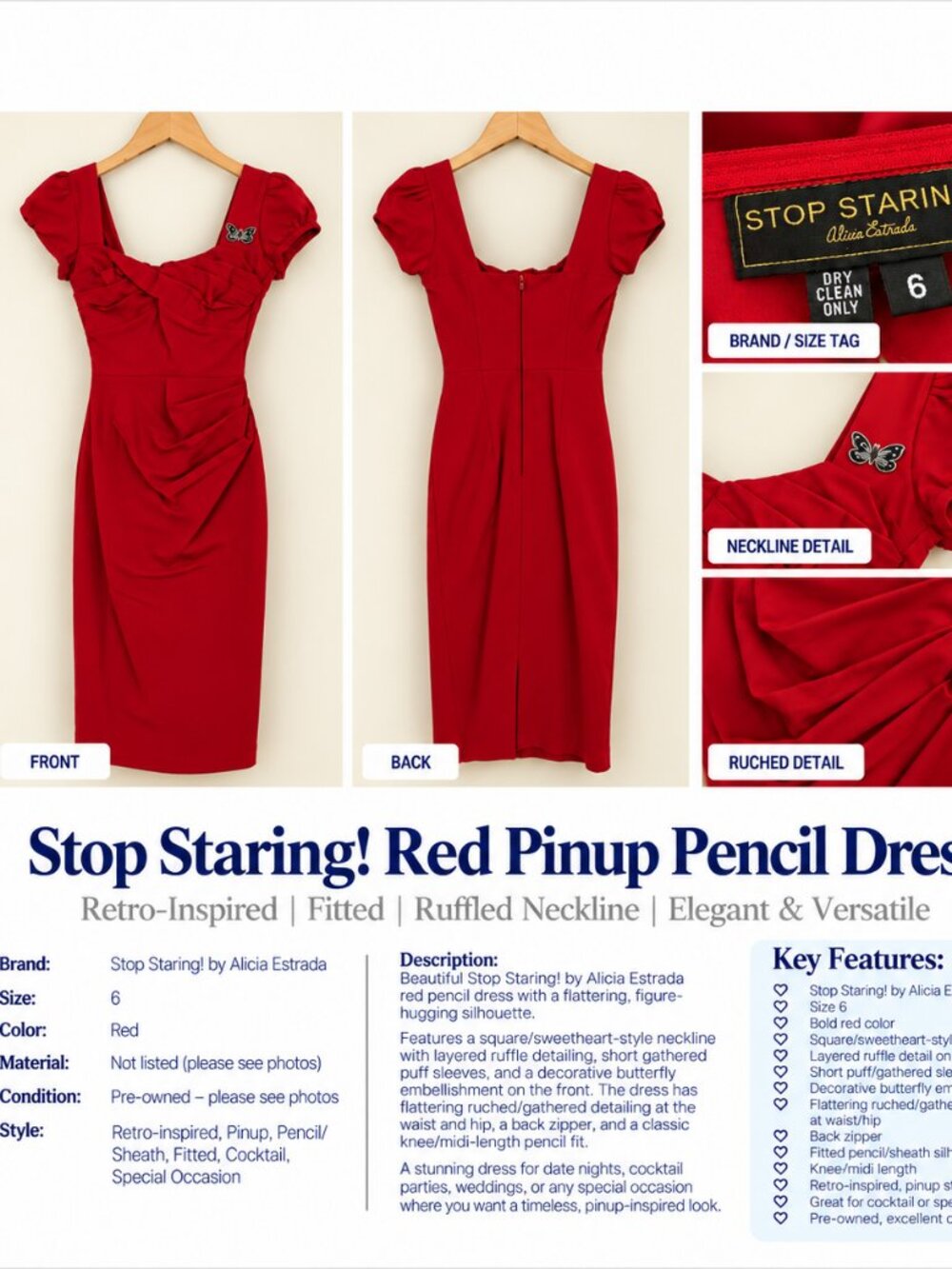 Stop Staring! Alicia Estrada Red Pinup Pencil Dress Size 6 – Retro Rockabilly